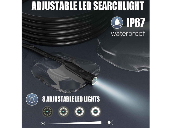 Black adjustable LED searchlight with clear waterproof housing, shown with a coiled cable and text highlighting IP67 waterproofing and 8 adjustable LED lights.