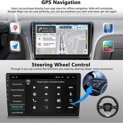 Car dashboard with GPS navigation system and steering wheel control interface.