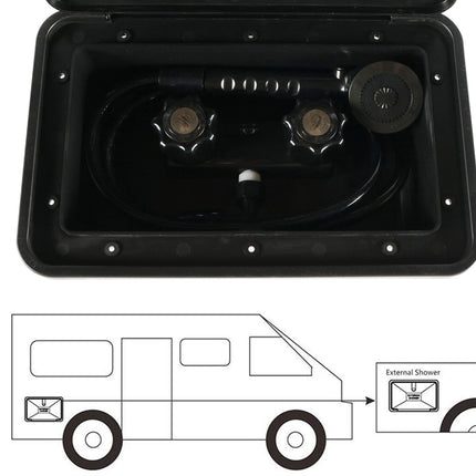 Black plastic external shower hose reel and connector assembly shown open in a top-down view, with a simple line drawing below illustrating placement on a van.