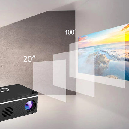Projector displaying a scenic projection on a wall with size indicators.