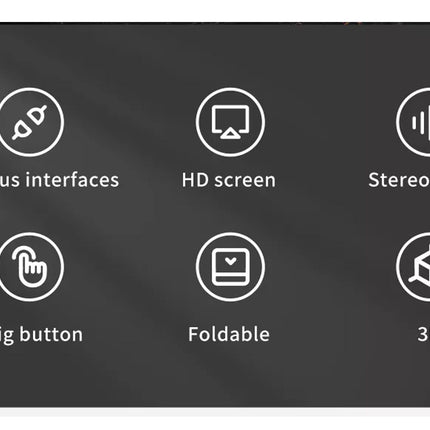 List of features including various interfaces, HD screen, stereo sound, big button, foldable, and 3D on a black background.