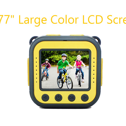A yellow and black rugged handheld device with a large color LCD screen displaying children riding bicycles, with yellow text at the top reading '1.77" Large Color LCD Screen'.