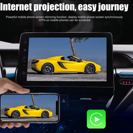 Car screen mirroring device displaying a yellow sports car on a smartphone screen.