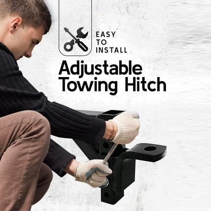 Person installing an adjustable towing hitch with text 'Easy to Install' on a white background