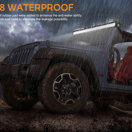 Jeep in a rainstorm with text about waterproofing features.