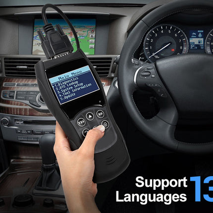 Hand holding a diagnostic tool in front of a car dashboard with 'Support 13 Languages' text.