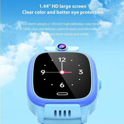 A light blue kids' smartwatch with a large black display screen, shown against a sky-blue background with clouds and promotional text about a 1.44-inch HD screen and clear color display.