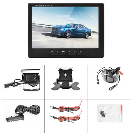 Car monitoring system components including a monitor, cameras, and cables on a white background