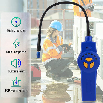 A blue handheld leak detector with a flexible black hose and blue tip, shown in front of a construction worker background. A vertical overlay on the left lists features: high precision, quick response, buzzer alarm, and LCD warning light with corresponding icons.