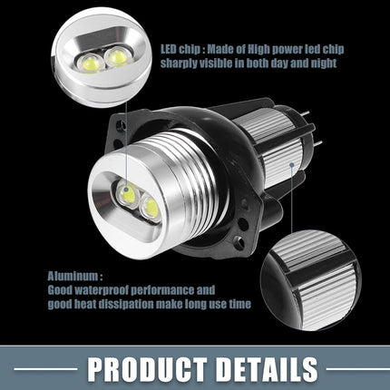 LED light bulb with text detailing features on a black background