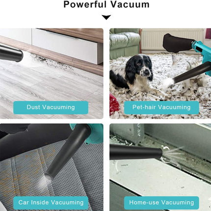 Vacuum cleaner with various attachments for dust, pet hair, car inside, and home use on a white background.