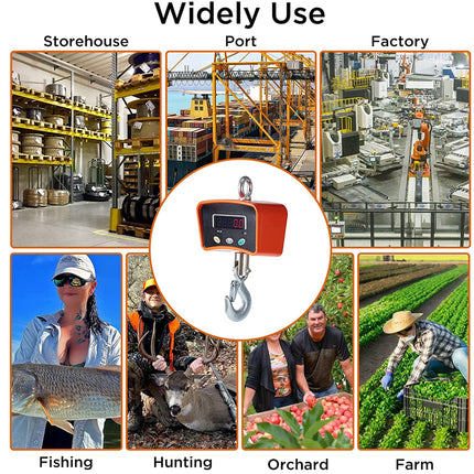 Collage of various settings where a digital hanging scale is used, including storehouse, port, factory, fishing, hunting, orchard, and farm.