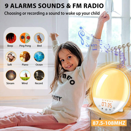 A child sitting on a bed in a bedroom next to a glowing yellow alarm clock with a digital display. The image includes marketing text reading '9 ALARMS SOUNDS & FM RADIO' and shows nine sound options with icons on the left.