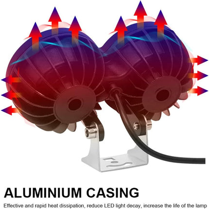 LED light bulb with aluminium casing and heat dissipation arrows on a white background