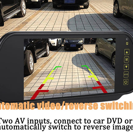 Car rearview mirror with built-in camera and display for reversing, showing a parking aid system.