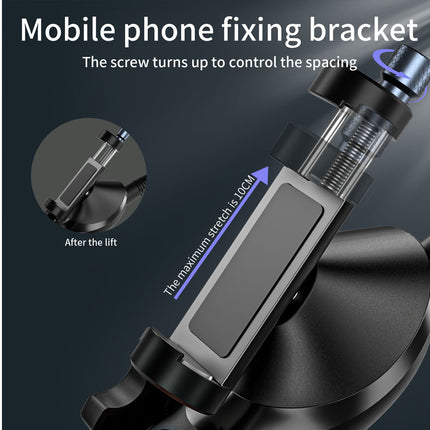 Mobile phone fixing bracket with text on a dark background