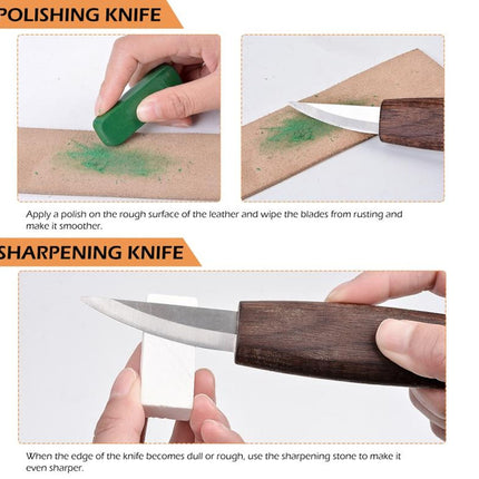 Instruction graphic showing how to polish and sharpen a knife. The top section shows a hand applying green polishing compound to a wooden knife rest and wiping a knife blade.