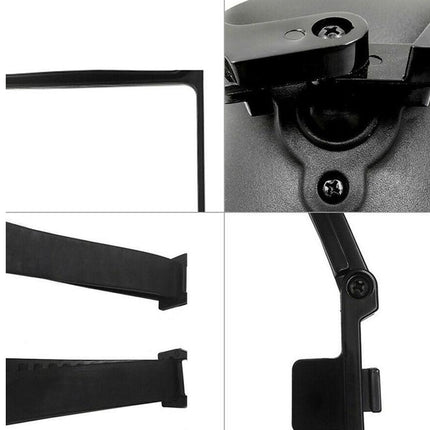 Black metal bracket with adjustable arms on a white background