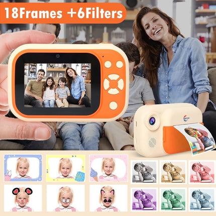 A compact portable photo printer and camera combo shown in a promotional composite. The device has a cream body with bright orange accents and a screen displaying a family photo.
