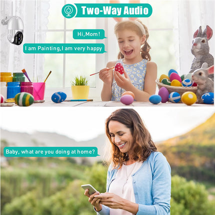 A promotional collage for a two-way audio security camera. The top half shows a young girl painting at a table with colorful Easter eggs and a stuffed bunny, with text indicating two-way audio and a sample message.