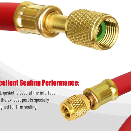 Red and brass exhaust hose connector with a textured brass fitting and a green PTFE gasket visible inside, shown with explanatory text about excellent sealing performance.