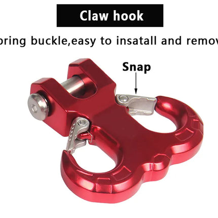 Red claw hook with spring buckle and snap on a white background