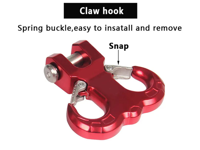 Red claw hook with spring buckle and snap on a white background
