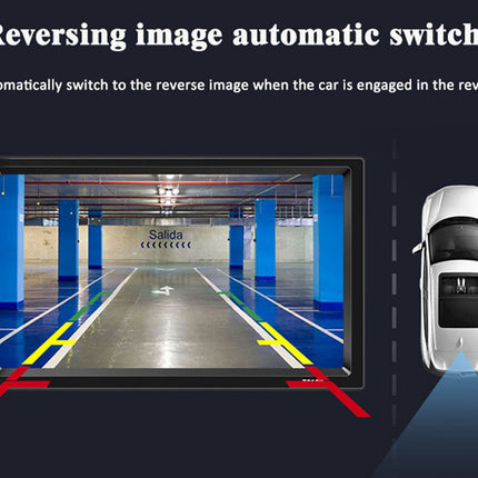 Car reverse camera system with screen displaying parking assistance, car icon on dark background