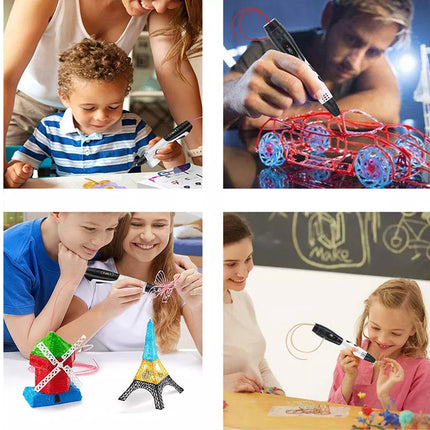 A four-panel collage showing people using a 3D printing pen to build colorful models, including a boy drawing with it, a man assembling a red wire car, children building a windmill and Eiffel Tower, and an adult guiding a child's project in a classroom.