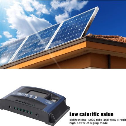 Solar panels on a roof with a solar controller at the bottom.