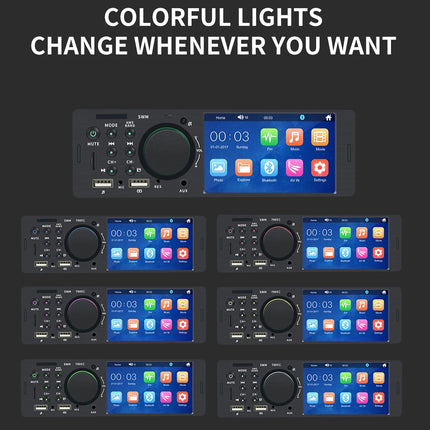 A set of car stereo headunit displays on a dark background, with the top unit showing a colorful illuminated screen and the lower units showing different colorful light patterns. White text at the top reads 'COLORFUL LIGHTS CHANGE WHENEVER YOU WANT'.