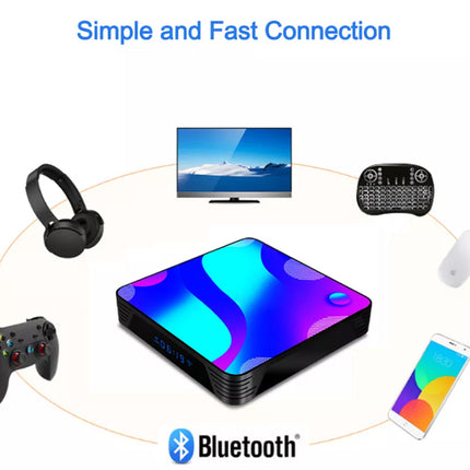 A promotional diagram showing a small rectangular Bluetooth device with a colorful blue and purple surface at the center, surrounded by connected accessories including headphones, a TV, a keyboard, a mouse, a game controller, and a smartphone. The text 'Simple and Fast Connection' appears at the top, and a Bluetooth logo is shown at the bottom.