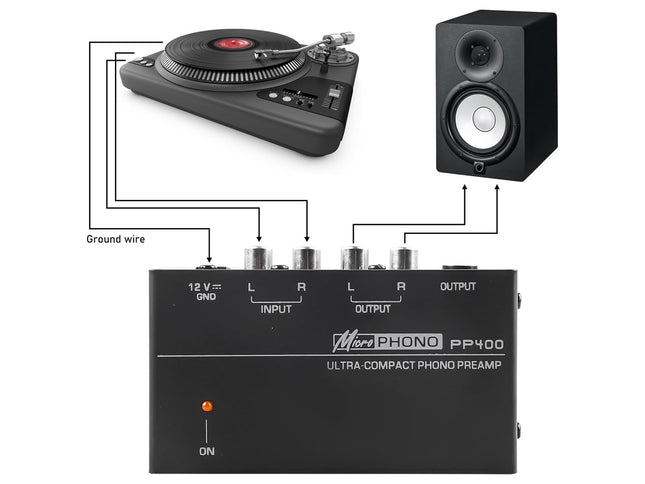 Ultra-compact phono preamp with turntable and speaker diagram on a white background