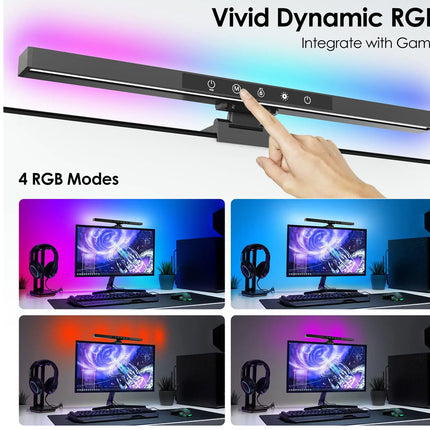 A desktop monitor bar with integrated RGB lighting shown on a white promotional graphic. A finger is touching the control buttons on the bar, and the text reads 'Vivid Dynamic RGB' and 'Integrate with Game.