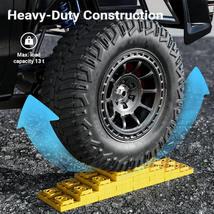 A heavy-duty yellow undercarriage leveling block supporting a black off-road tire on asphalt, with blue airflow arrows and text reading 'Heavy-Duty Construction' and 'Max. load capacity 13 t'.