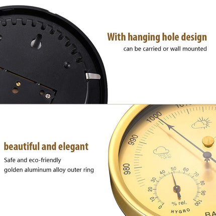Gold weather station with hanging hole design on a white background