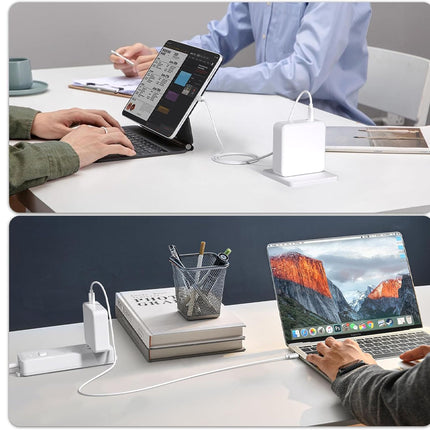 Two scenes of people working at desks with laptops and tablets.