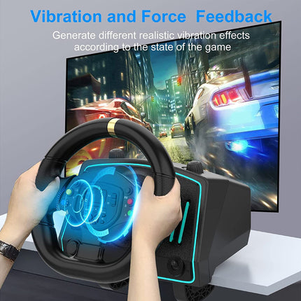Gaming steering wheel with vibration feedback effects in front of a monitor displaying a racing game.