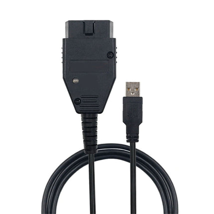 Black diagnostic cable with OBD-II connector and USB adapter on a white background