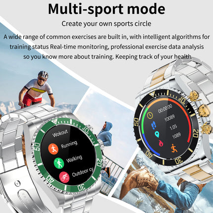 Silver stainless steel smartwatch with a multi-color digital display, shown in a collage with outdoor sports activities and promotional text about multi-sport mode.