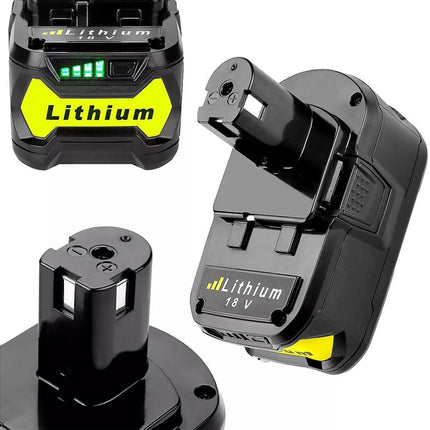 Three views of a black 18V Lithium battery pack with a bright yellow accent label and LED battery level indicator, shown on a white background.