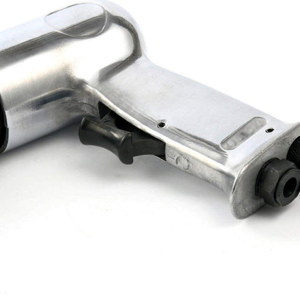 Metallic tool with black accents on a white background