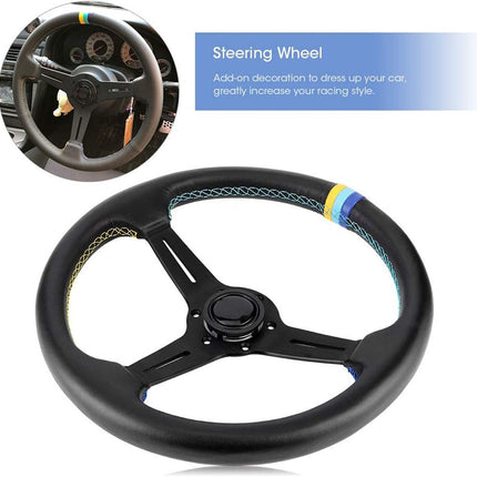 A black three-spoke racing-style steering wheel shown on a white background, with a small inset photo of a steering wheel in a car and a blue text box that reads 'Steering Wheel.' The steering wheel has subtle blue and yellow stitched accents and a blue/yellow stripe near the top right.