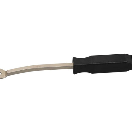 Metal tool with black handle on a white background