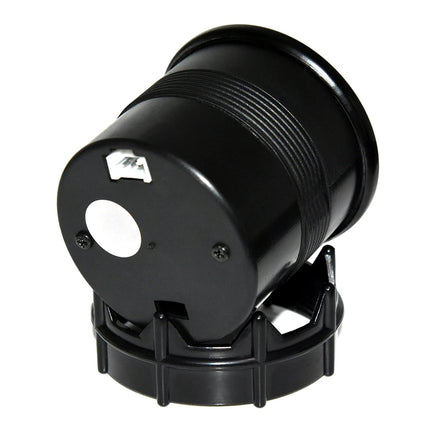 Black cylindrical object with a white label on a white background