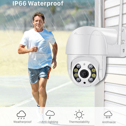White dome security camera mounted on a white exterior wall, shown next to a man jogging in the rain with text reading 'IP66 Waterproof' and feature icons for weatherproof, anti-lighting, thermostability, and antifreeze.