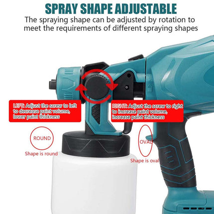Adjustable spray nozzle on a teal and black cordless paint sprayer with a white container, featuring red callout boxes and arrows explaining round and oval spray shape adjustments.
