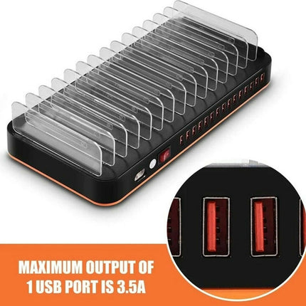 Black USB charging station with multiple ports on a white background