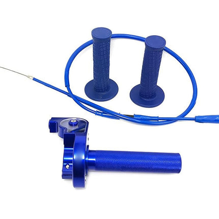 Blue motorcycle handlebar grips with throttle on a white background