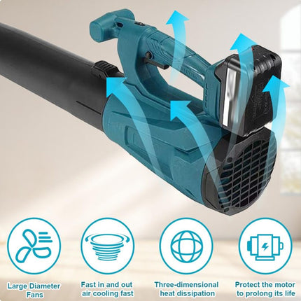 Turquoise and black leaf blower with cooling and protection features on a beige background